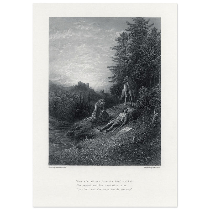 Gustave Dore illustration of King Arthur legend . Enid tends Geraint. From the book Idylls of the King by Alfred Tennyson.