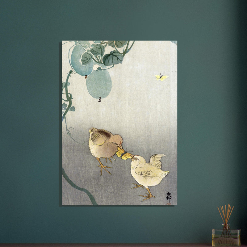 Two chicks fighting over butterfly by Ohara Koson Woodblock print