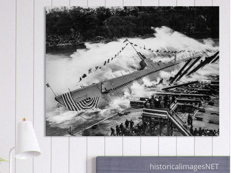 World War 2 black and white photograph. Launching of USS ROBALO warship.