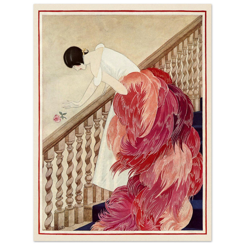 George Wolfe Plank vintage fashion magazine illustration. Woman on staircase throwing down rose flower.