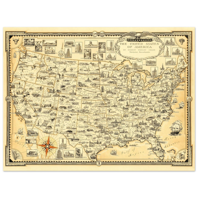 United States of America vintage map by Ernest Dudley Chase celebrating landmarks and national symbols of identity.