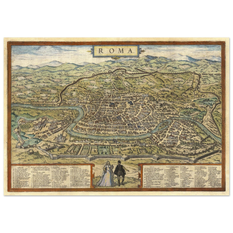 Ancient map of Rome with engravings by Georg Braun and Frans Hogenberg.