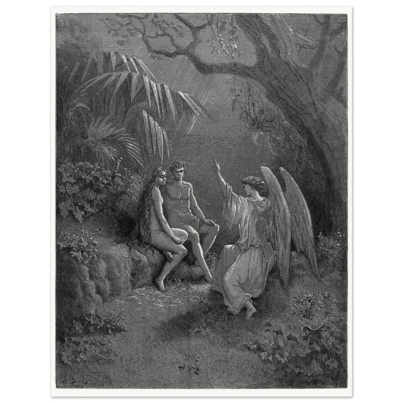 Gustave Dore Paradise Lost engraving . Archangel Rapahel with Adam and Eve in Eden.