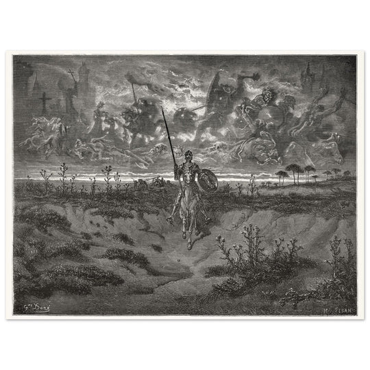 Don Quixote riding his horse by Gustave Dore dreaming of a life full of adventures.