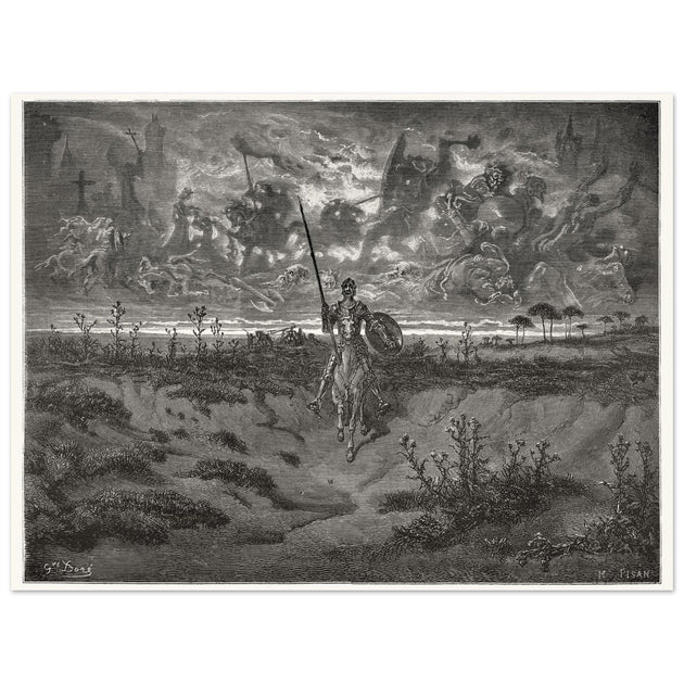 Don Quixote riding his horse by Gustave Dore dreaming of a life full of adventures.