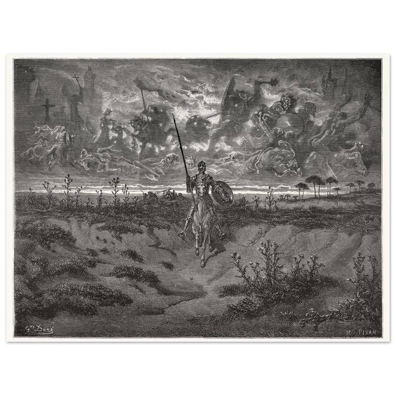 Don Quixote riding his horse by Gustave Dore dreaming of a life full of adventures.