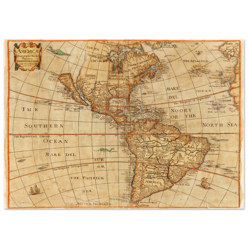 Ancient map of America. "Americae Descriptio Nova" by Philip Chetwind