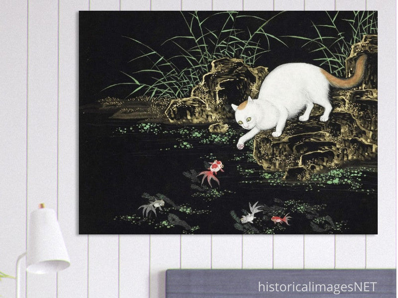 Cats amd fishes in pond. Oriental old painting by Shen Zhenlin.
