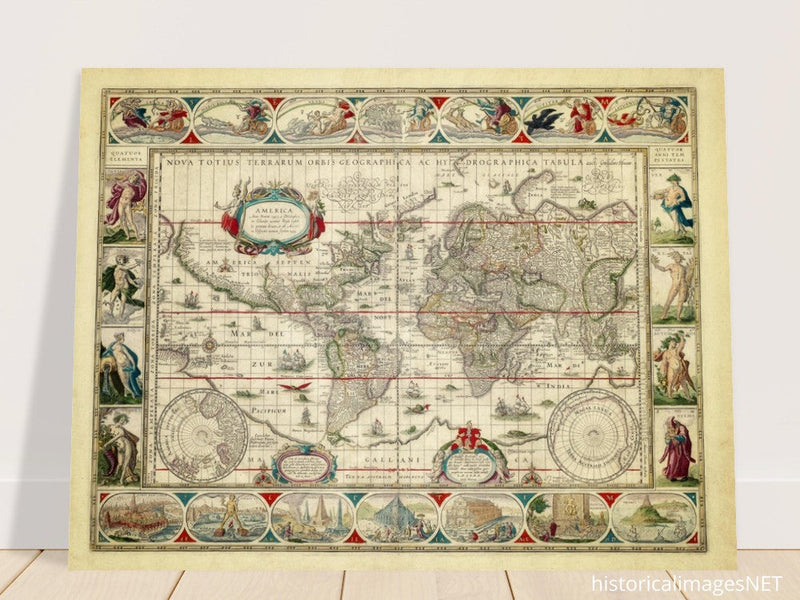 Ancient old world map 1638. Noua totius terrarum orbis geographica ac hydrographica tabula by Willem Janszoon Blaeu