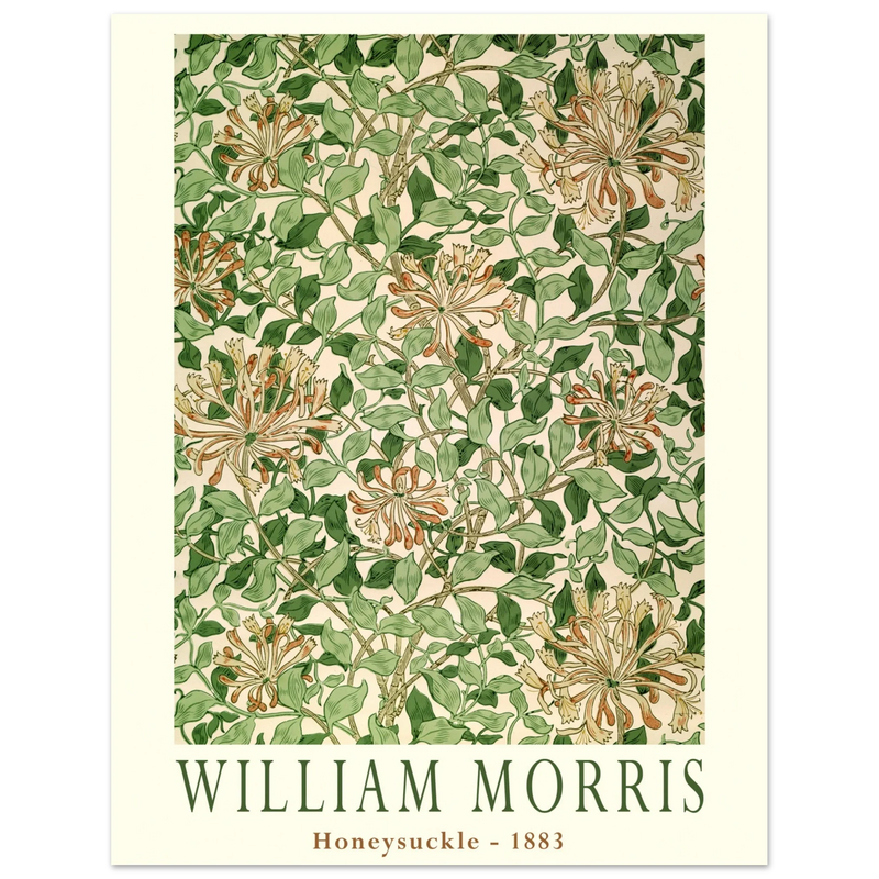 William Morris art print Honeysuckle wallpaper. Vintage flower and leaves poster.