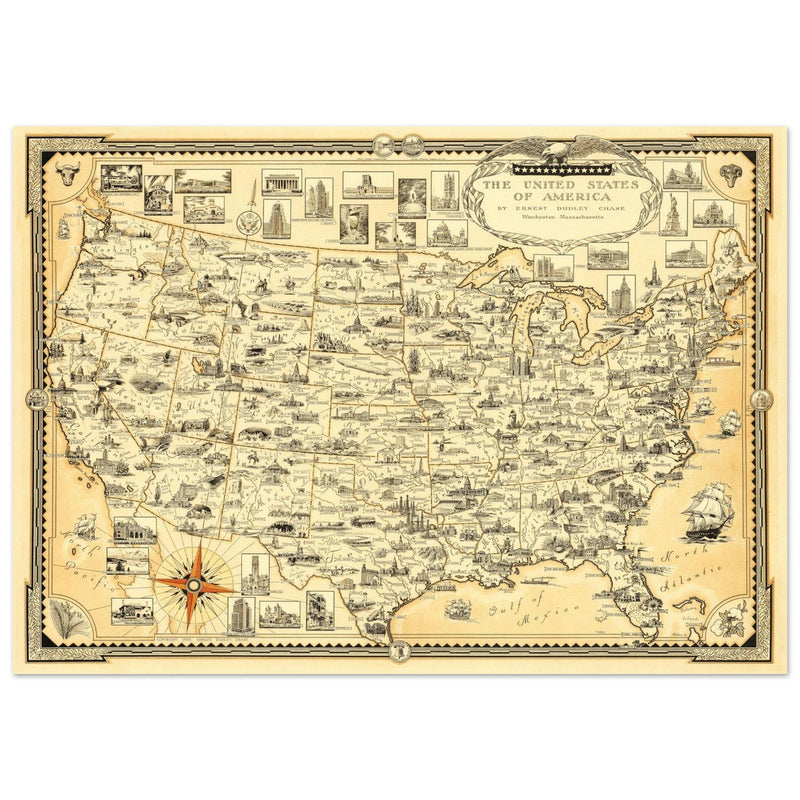 United States of America vintage map by Ernest Dudley Chase celebrating landmarks and national symbols of identity.