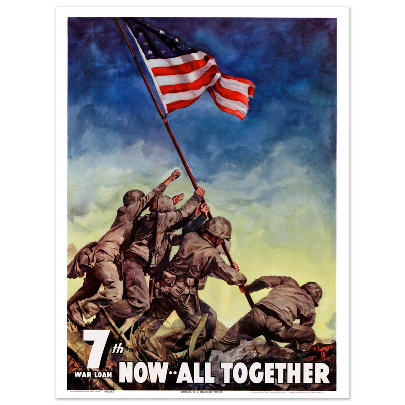 US soldiers rising american flag on mount Iwo Jima. World War 2 vintage poster