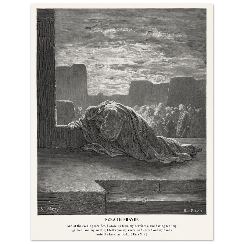 Gustave Dore The Bible engraving print . Ezra in prayer illustration .