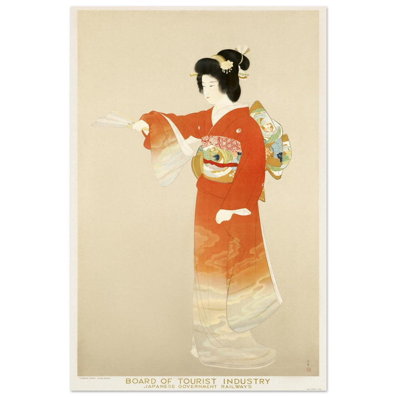 Japan vintage travel advertising poster. Japanese woman print in traditional clothing