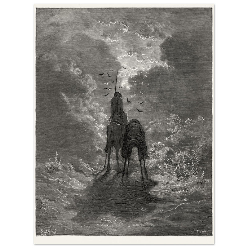 Don Quixote riding with Sancho Panza illustration by Gustave Dore.