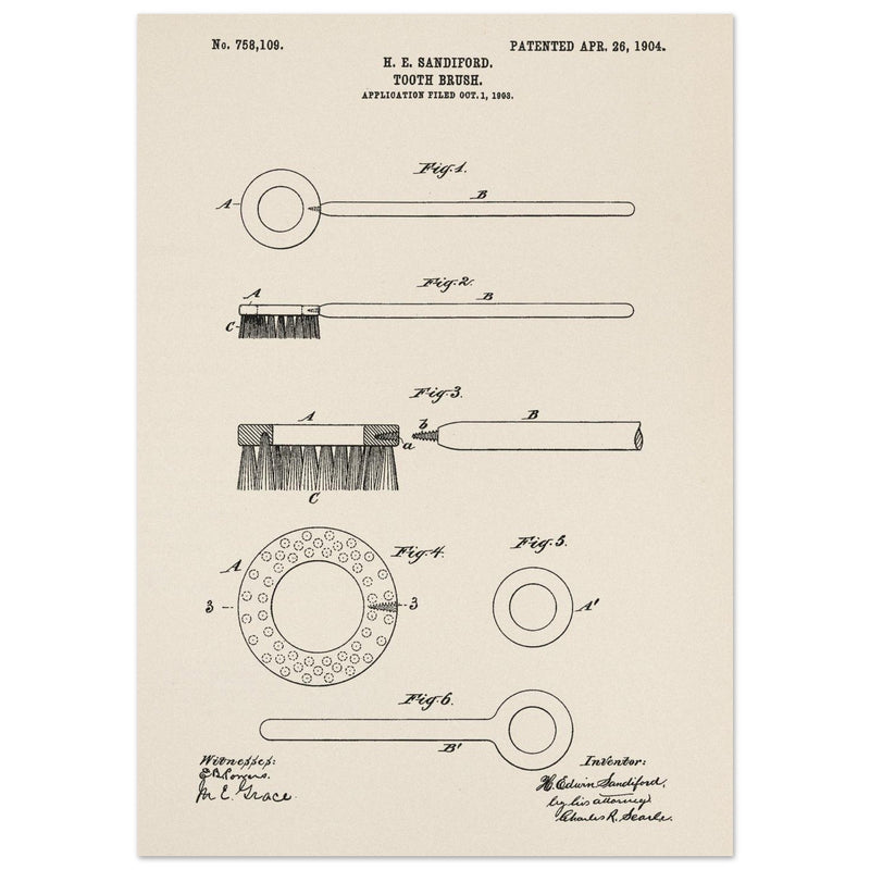Toothbrush patent illustration by H E Sandiford.
