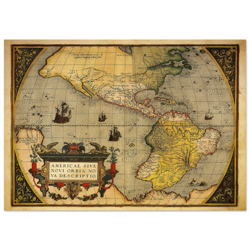 America ancient map. Americae sive novi orbis, nova descriptio by Abraham Ortelius