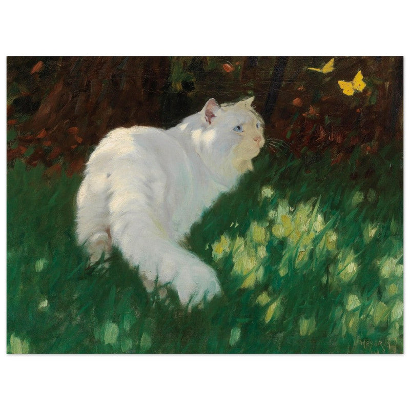 White Cat and Butterflies old painting by Arthur Heyer .