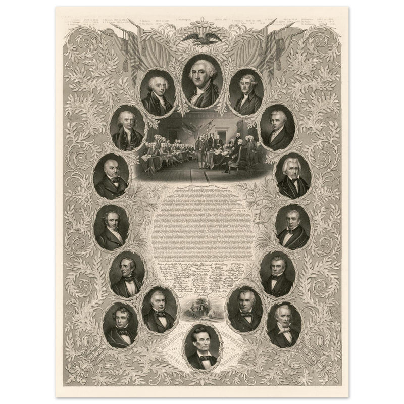 The Declaration of Independence and portraits of the United States  presidents. Walla rt decor