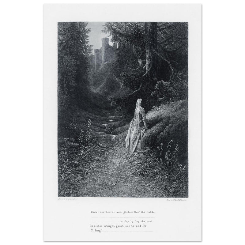 Gustave Dore illustration of King Arthur legend .Elaine on her Road to the Cave of Lancelot. book Idylls of the King by Alfred Tennyson