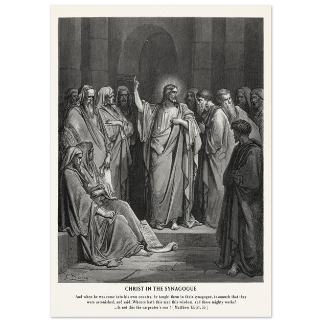 Gustave Dore The Bible engraving print . Christ in the synagogue illustration .