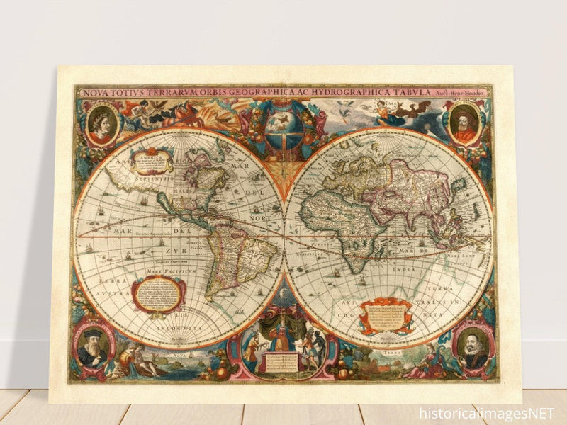 1638 Double hemisphere old world map by Hendrik Hondius.