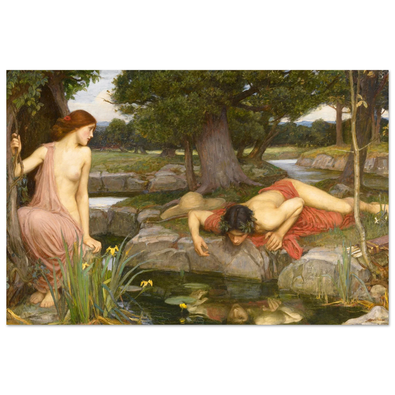 Echo and Narcissus by John William Waterhouse 1903.  from antique painting. Roman mythology.