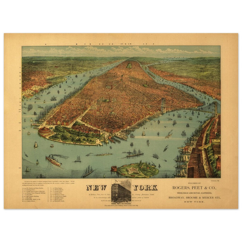New York City aerial view vintage antique print. Old  with the bird's eye view of Manhattan.