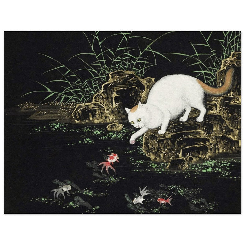 Cats amd fishes in pond. Oriental old painting by Shen Zhenlin.