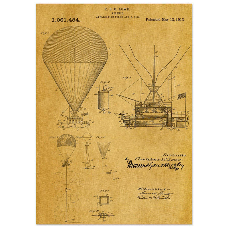 Airship patent illustration by T S C Lowe. Air Balloon