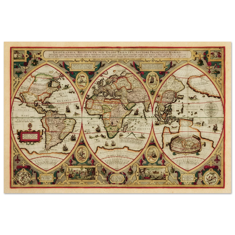 Ancient old world map of 1618. Geographica restituta per globi trientes by Franciscus Haraeus