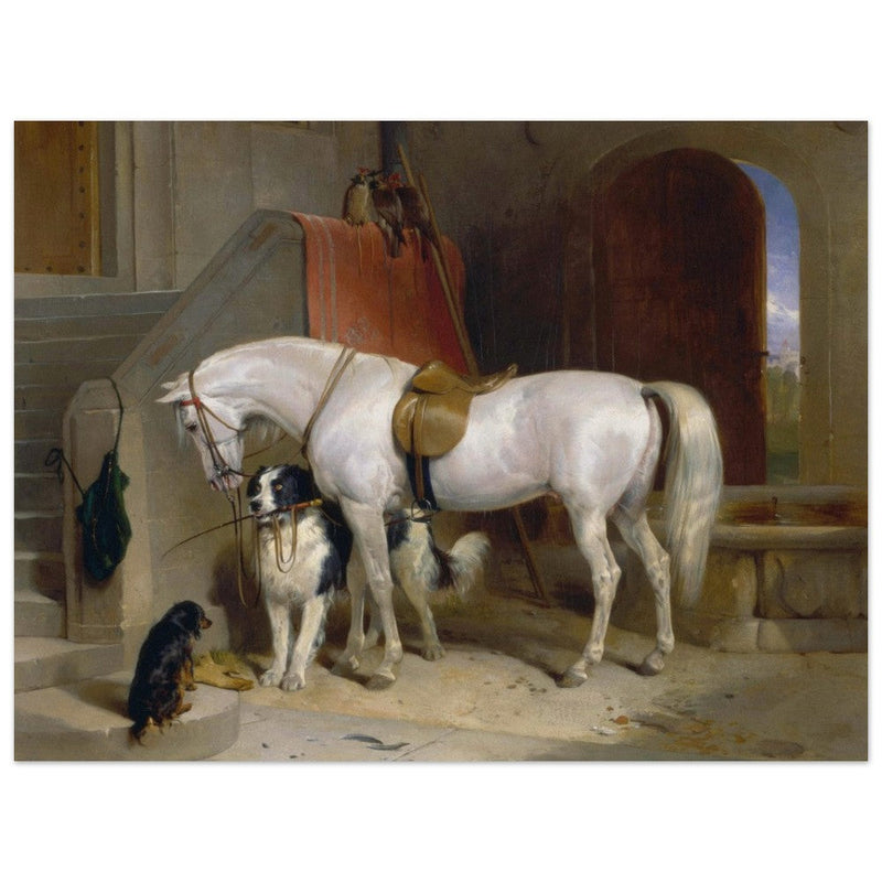 White horse in stable with dogs antique painting by Edwin Landseer.