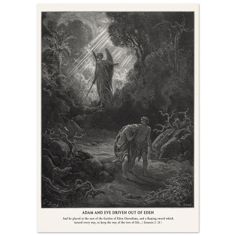 Gustave Dore The Bible engraving print . Adam and Eve driven out from Eden.
