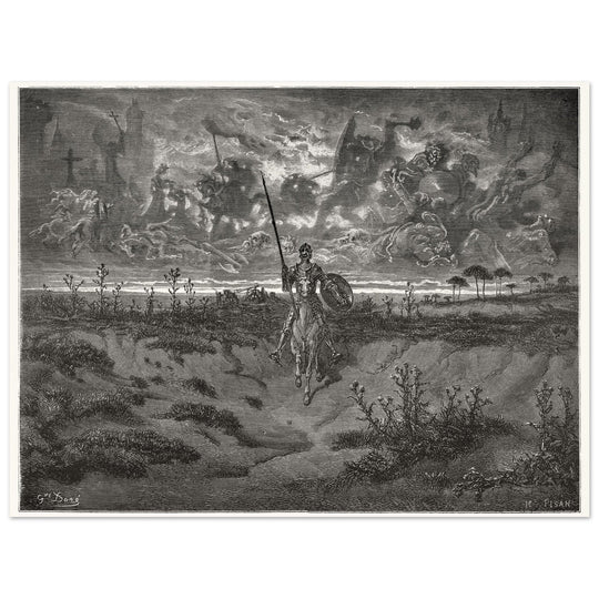 Don Quixote riding his horse by Gustave Dore dreaming of a life full of adventures.
