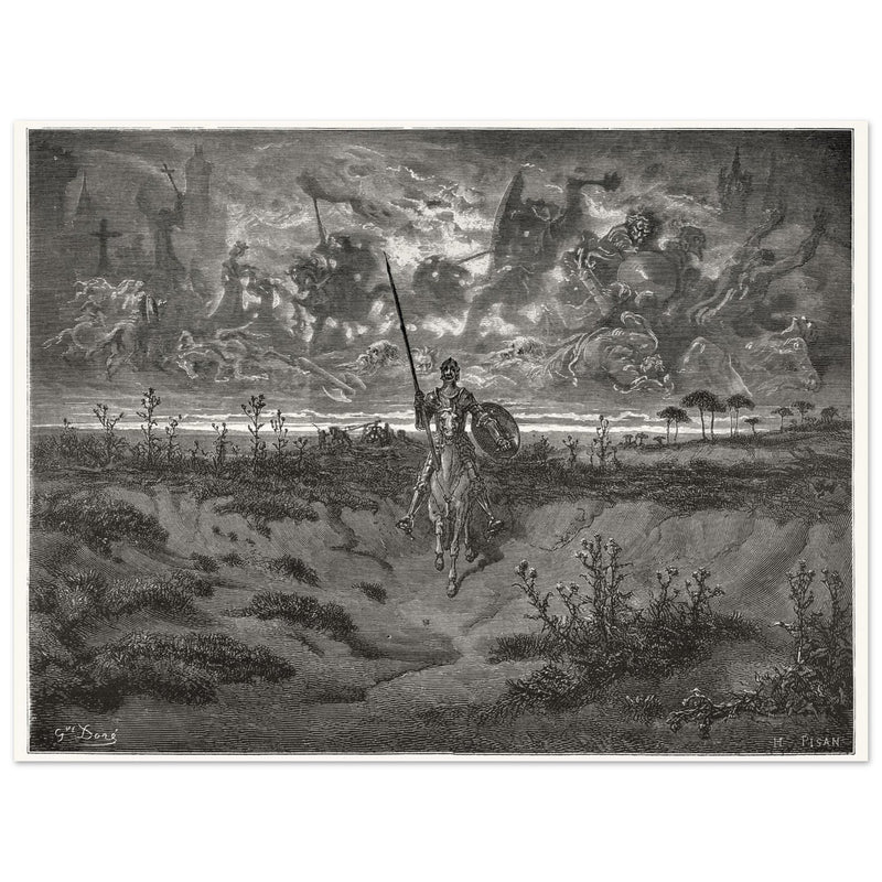 Don Quixote riding his horse by Gustave Dore dreaming of a life full of adventures.