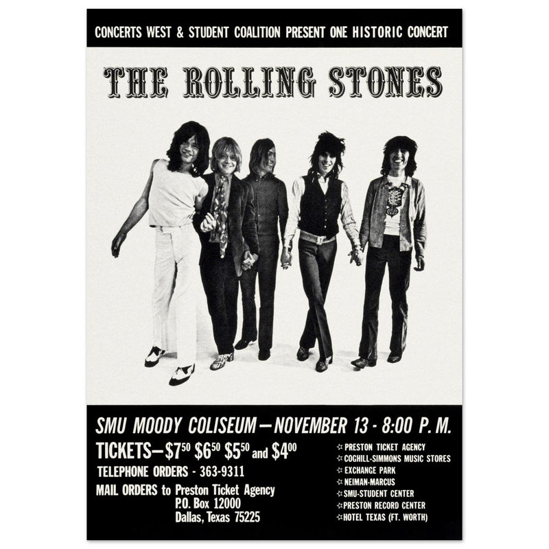 The Rolling Stones music poster of their performance at Dallas Texas in 1969.