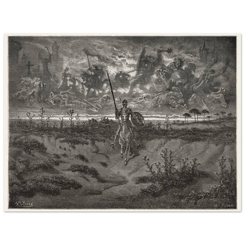Don Quixote riding his horse by Gustave Dore dreaming of a life full of adventures.