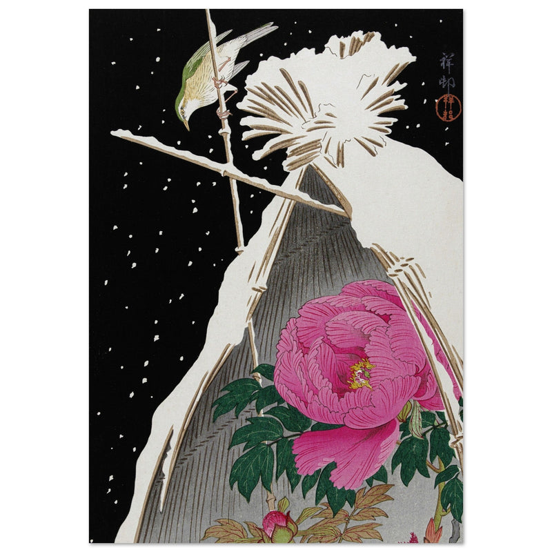 Siberian Bluechat next to a Peony sheltered by a Snowcovered Hay Sheaf by Ohara Koson, Woodblock print reproduction, Fine Art,