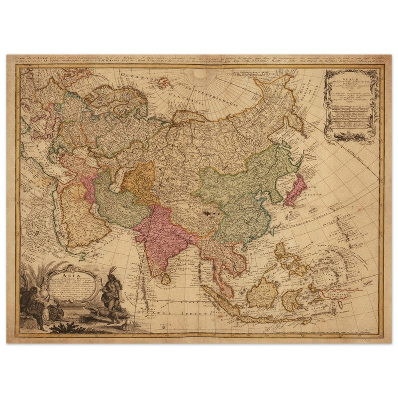 Ancient vintage map of Asia. Beautiful  from an antique asian map of the XVIII century. Art print.
