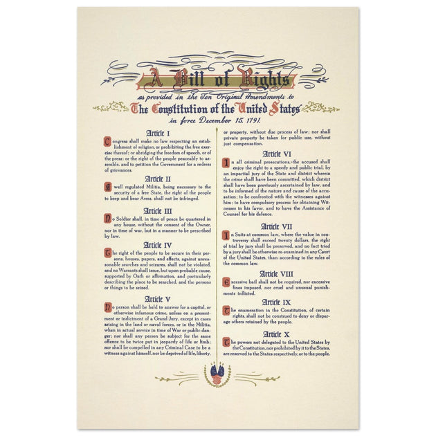 A Bill of Rights as provided in the ten original amendments to the constitution of the United States of America.