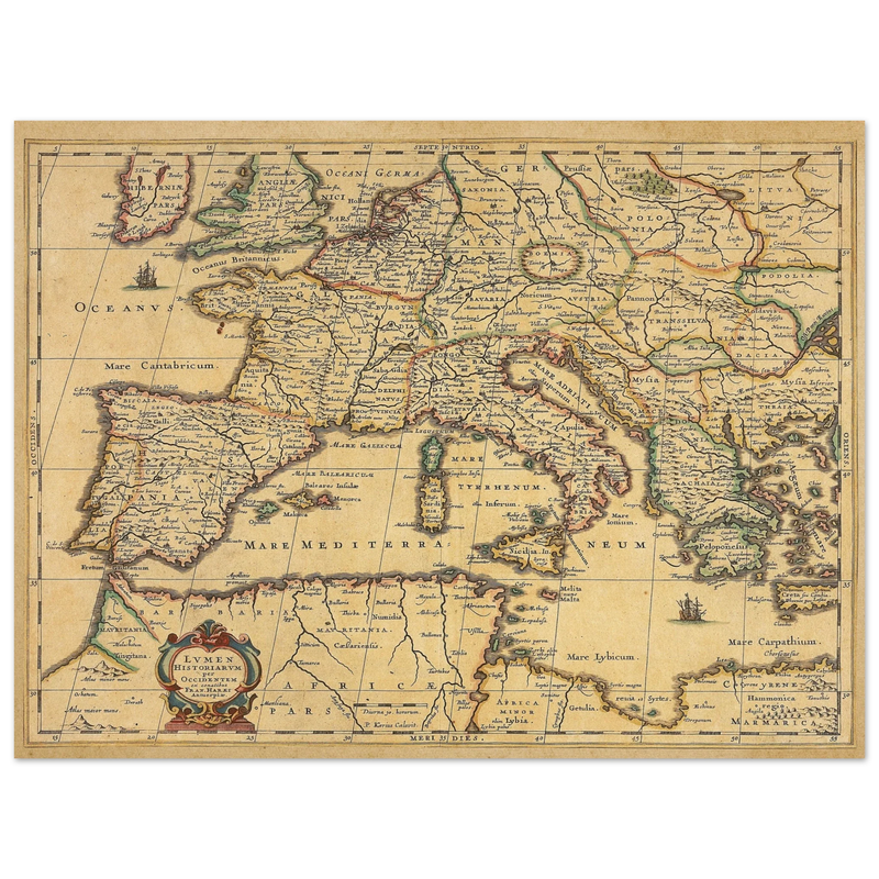 Ancient Europe map print from 1650. Lumen Historiarum per Occidentem by Petrus Kaerius