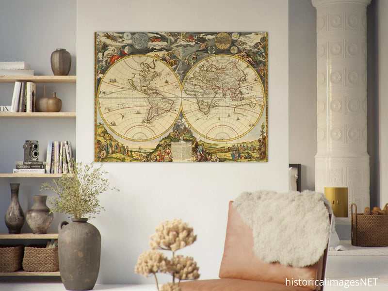 1700 Vintage historic world map poster reproduction by Paolo Petrini.