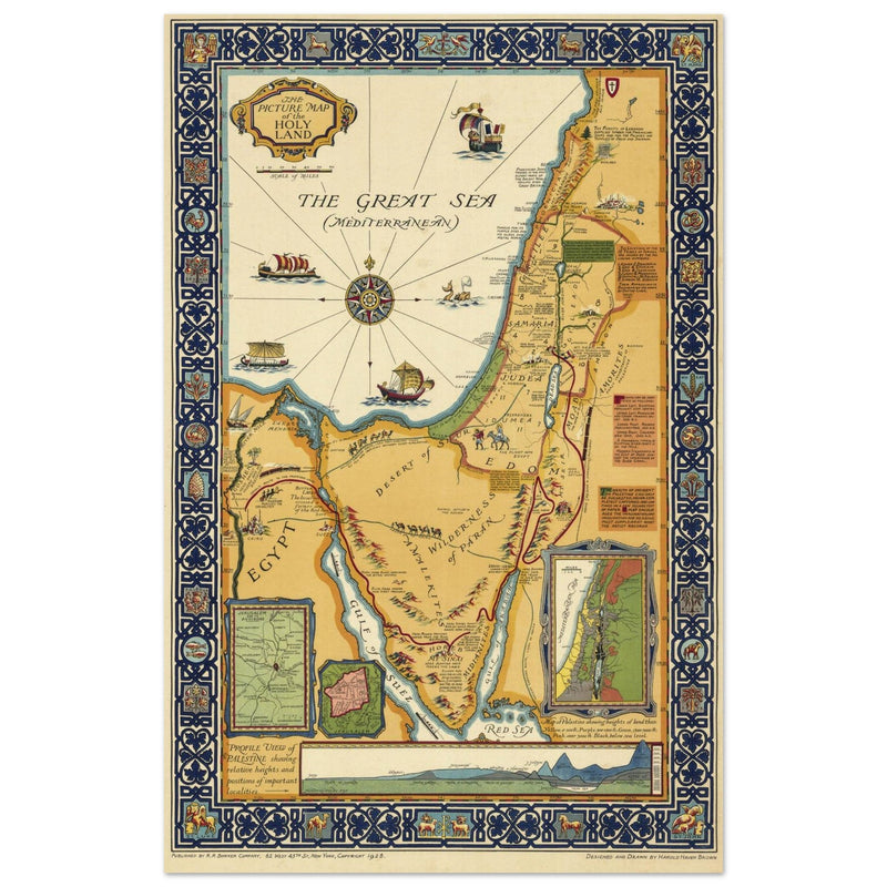 The Picture Map of the Holy Land by Harold Haven Brown . Biblical Palestine vintage map.