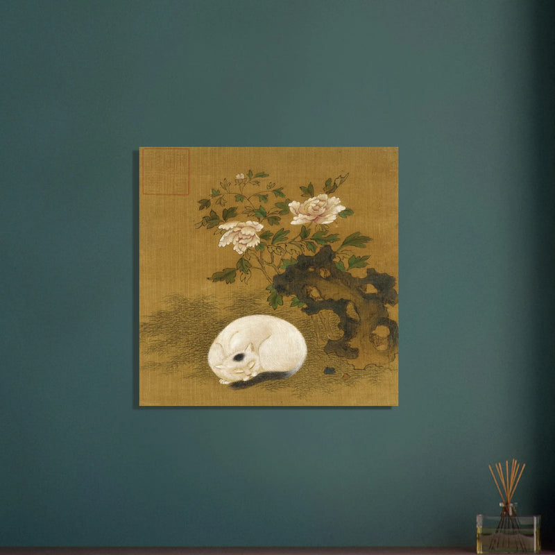 Cat, rock, and peonies
