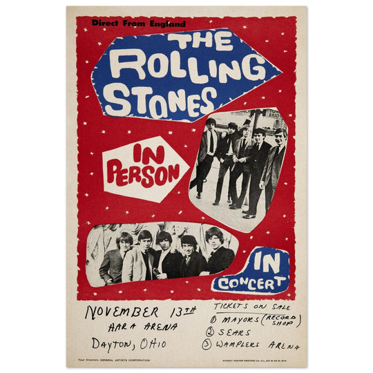 Rolling Stones music concert poster. Performance in Dayton Ohio USA 1964 .