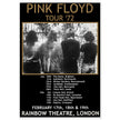 Pink Floyd music concert poster part of tour 72 Rainbow Theatre London.