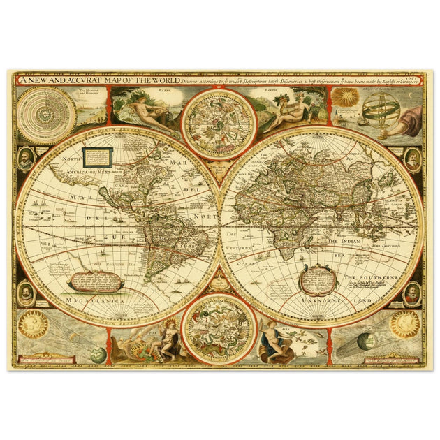 Old World Map of 1651 by John Speed. Vintage Double Hemisphere cartography of the XVII century .