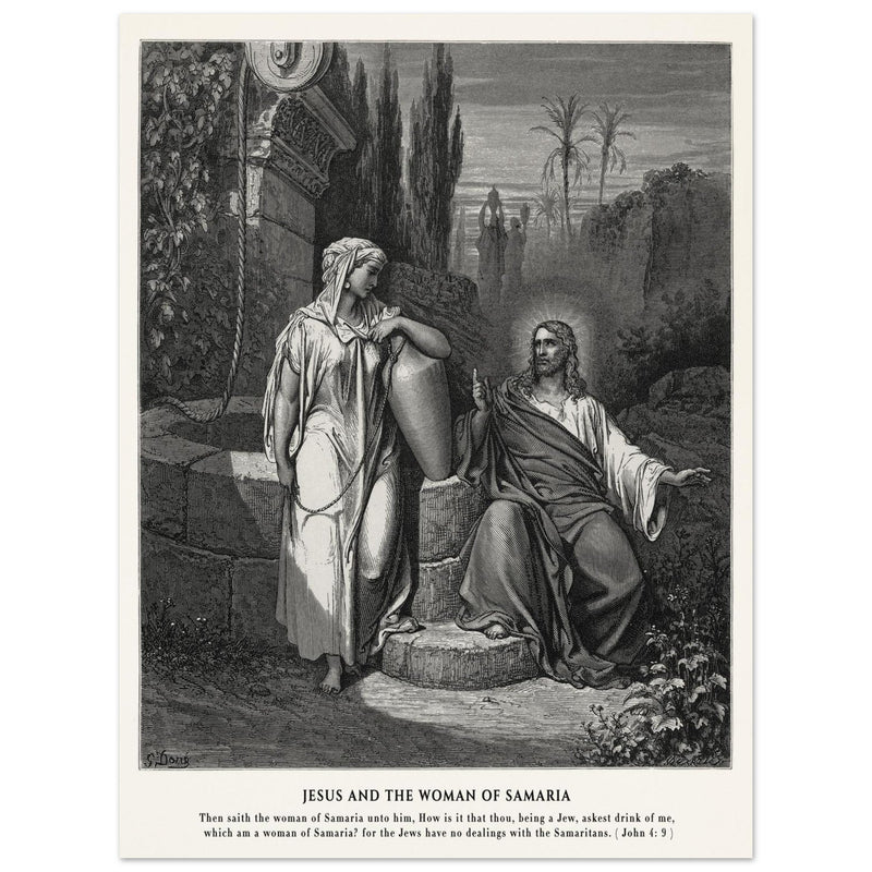 Gustave Dore The Bible engraving print . Jesus and the woman of Samaria illustration .