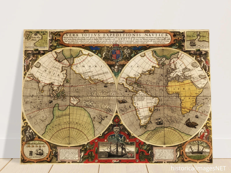 Vera Totius Expeditionis Nauticae double hemisphere map by Jodocus Hondius