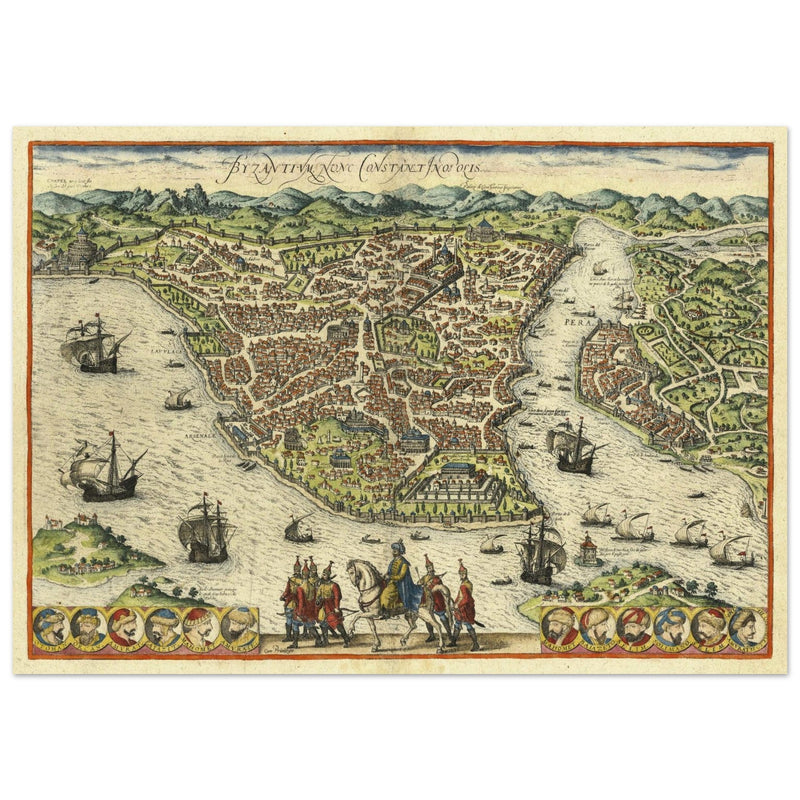 Istanbul ancient map. Byzantium Nunc Constantinopolis by Georg Braun